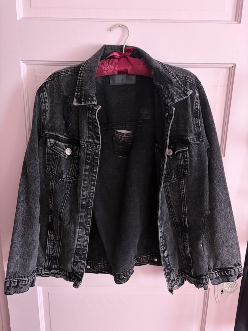 Black Distressed Denim Jacket - Oversized
